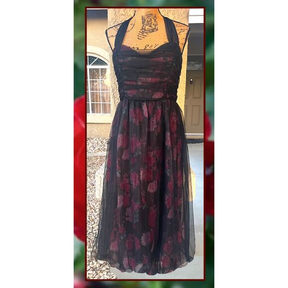 Lulus Striking Scene Black Floral Mesh Ruched Tie-Strap Midi Dress Size XL - Picture 2 of 11